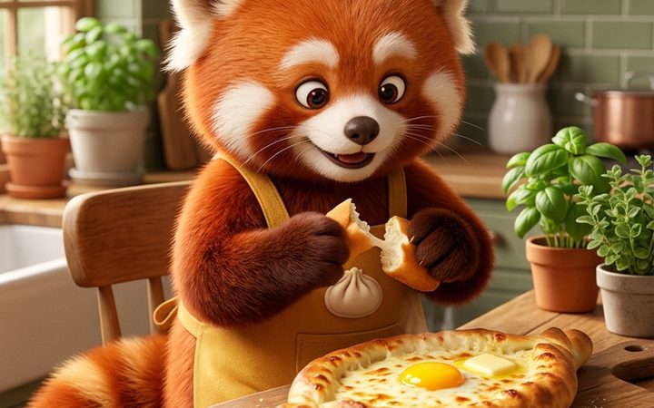 Momo tasting the Khachapuri