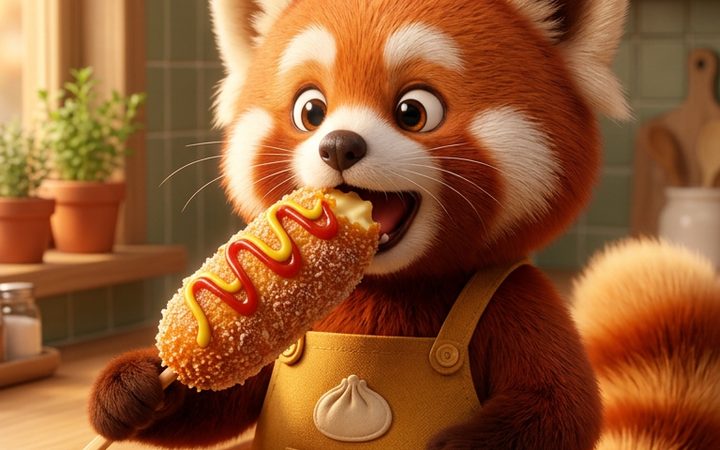 Momo tasting the Korean Cheese Corn Dogs