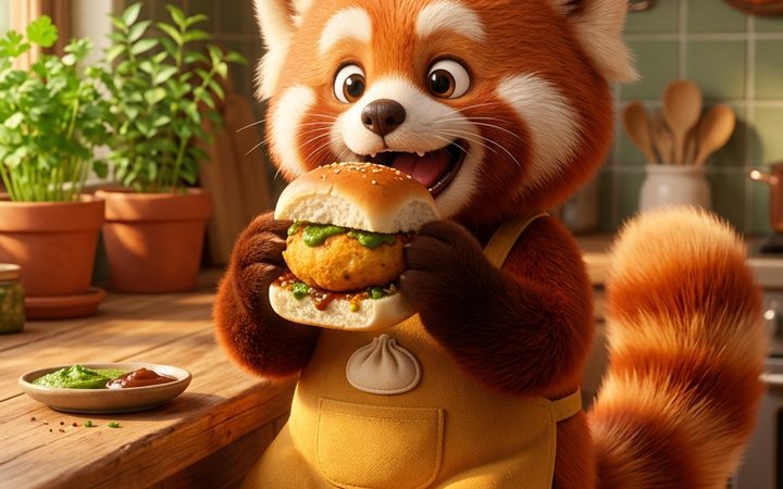 Momo tasting the Vada Pav